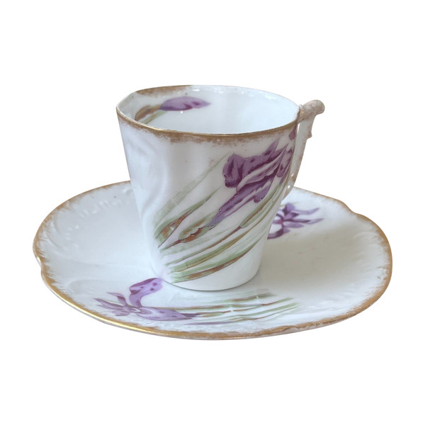 Tazza con piattino in porcellana di Limoges (inizio XX secolo) - motivo Iris