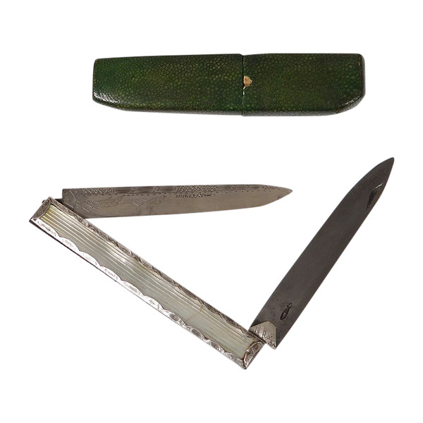 Reisemesser Klappmesser Perlmutt Massivsilber Duperray Galuchat Etui XVIII.