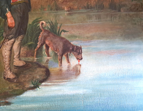 Gemälde Jäger und sein Hund am Fluss, signiert Eugenie Vassa... Ende des 19. Jahrhunderts