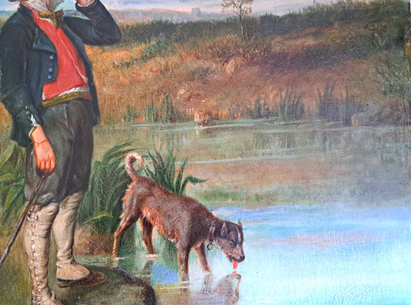 Gemälde Jäger und sein Hund am Fluss, signiert Eugenie Vassa... Ende des 19. Jahrhunderts