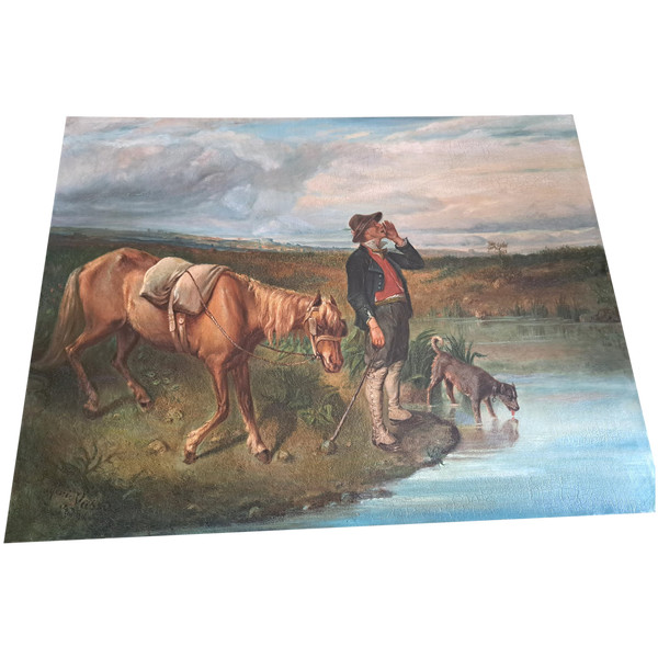 Gemälde Jäger und sein Hund am Fluss, signiert Eugenie Vassa... Ende des 19. Jahrhunderts