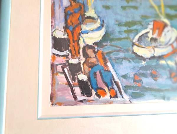 Gouache painting on paper beach scene signed Henri Chapeau mid-20th century