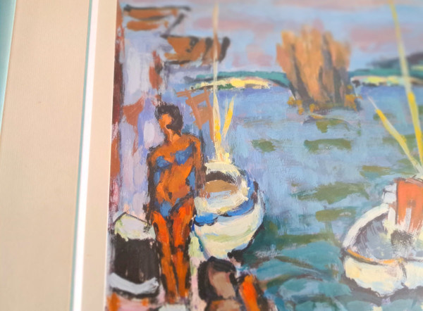 Gouache painting on paper beach scene signed Henri Chapeau mid-20th century