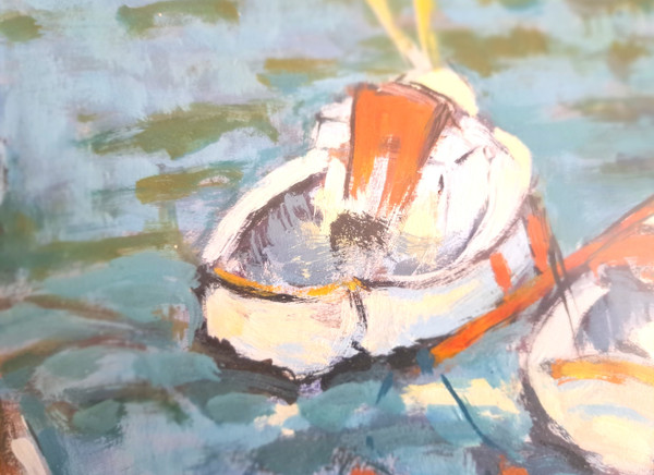 Gouache painting on paper beach scene signed Henri Chapeau mid-20th century