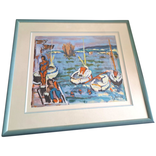 Gouache painting on paper beach scene signed Henri Chapeau mid-20th century