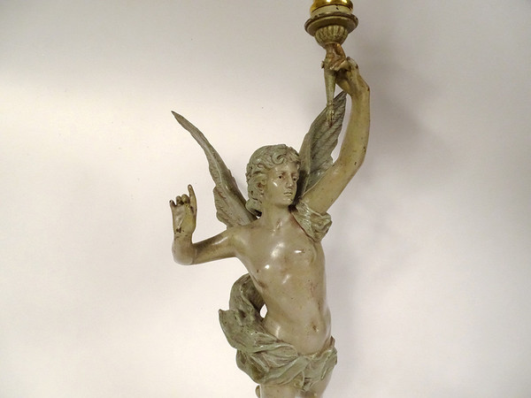 Lampe à Pétrole Sculpture G. Bareau Gloria Femme Ailée Cristal Marbre XIXè
