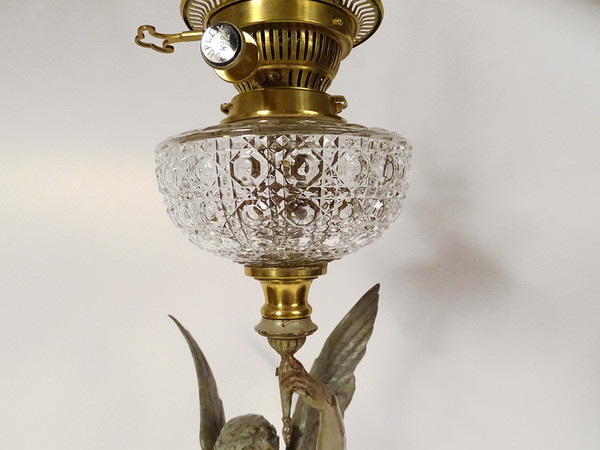 Lampe à Pétrole Sculpture G. Bareau Gloria Femme Ailée Cristal Marbre XIXè