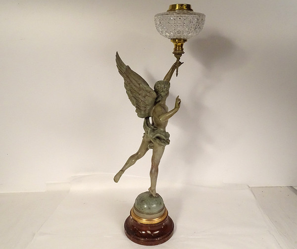 Lampe à Pétrole Sculpture G. Bareau Gloria Femme Ailée Cristal Marbre XIXè