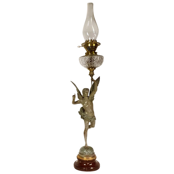 Lampe à Pétrole Sculpture G. Bareau Gloria Femme Ailée Cristal Marbre XIXè