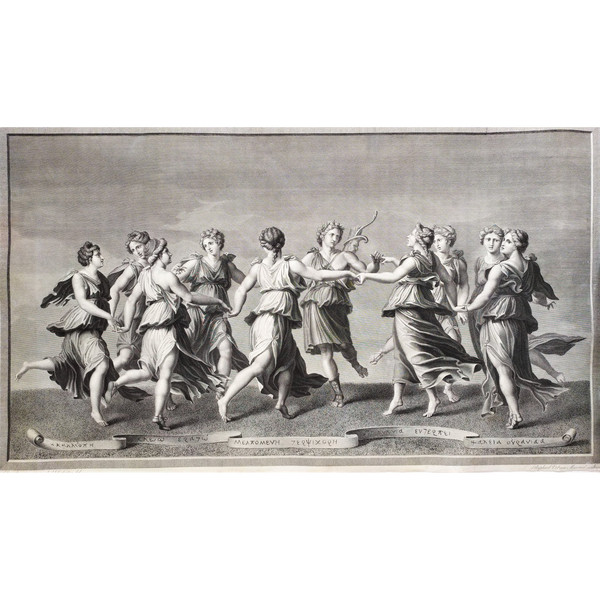 Mythological Etching  Engraving Apollo And The Muses By Raphael Urbain Massard 19th C Old Print