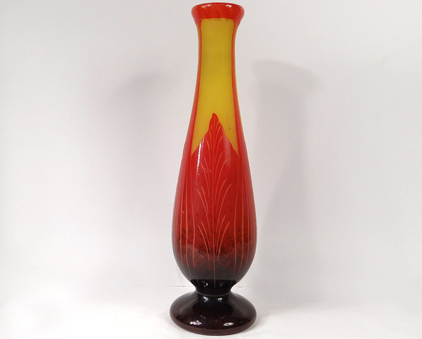 Large Vase Pâte de Verre Le Verre Français Schneider Feuilles Art Déco XXè