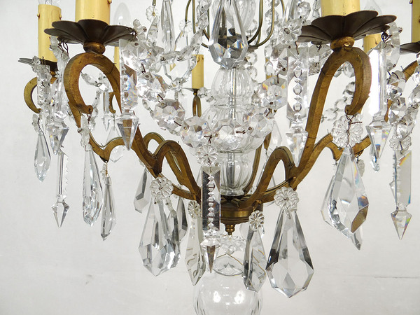 Lampadario a 8 luci in bronzo con ghirlande di cristallo tagliato Lampada a sospensione del XIX secolo