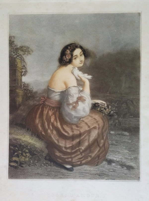 Ritratto di donna romantica d'après André Jules Incisione ad acquerello del XIX secolo