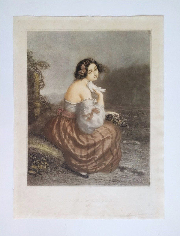 Ritratto di donna romantica d'après André Jules Incisione ad acquerello del XIX secolo