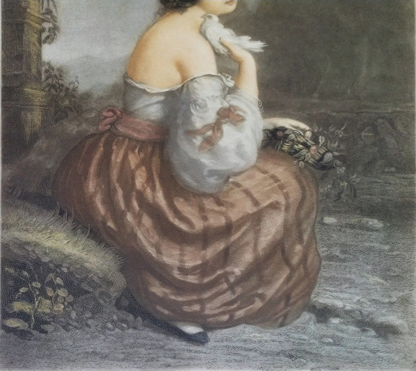 Ritratto di donna romantica d'après André Jules Incisione ad acquerello del XIX secolo