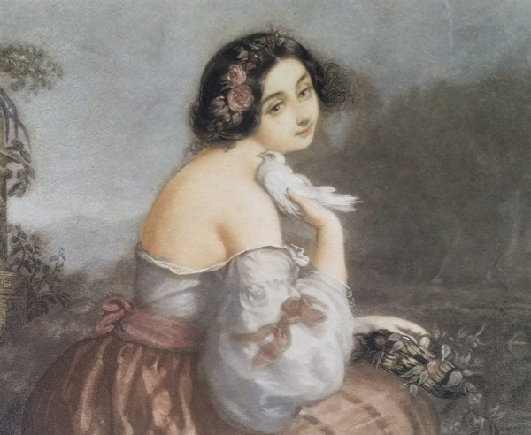 Ritratto di donna romantica d'après André Jules Incisione ad acquerello del XIX secolo
