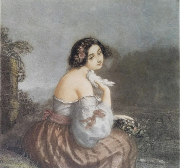 Ritratto di donna romantica d'après André Jules Incisione ad acquerello del XIX secolo