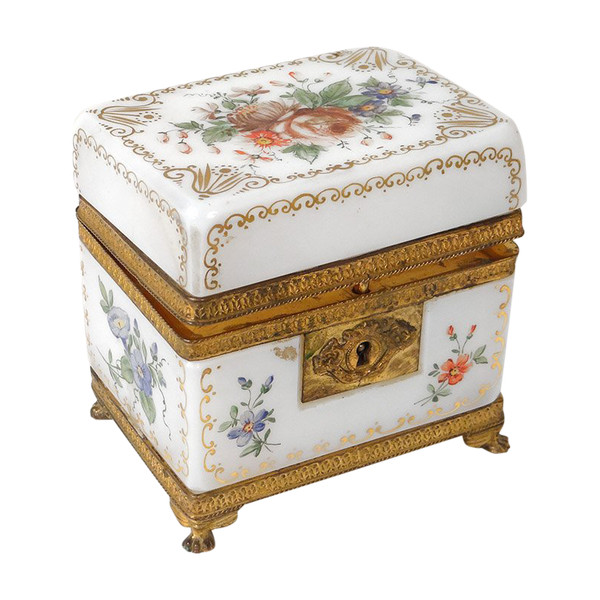 Gift Box White Opaline Gilding Flowers Golden Brass Charles X 19th