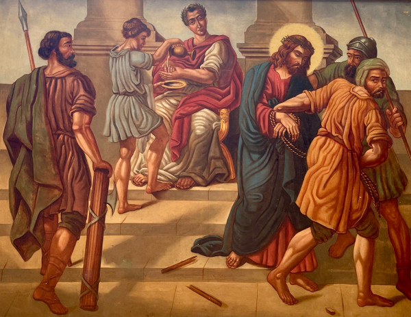 Sehr großes religiöses Gemälde Jesus erscheint vor Kaiphas