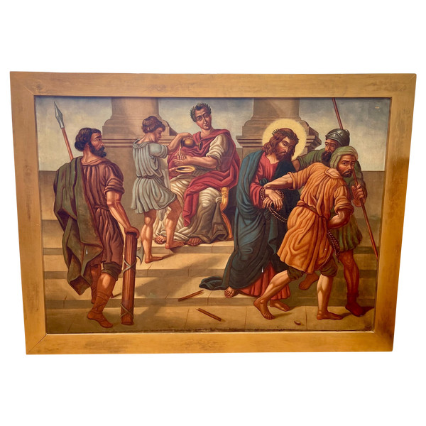 Sehr großes religiöses Gemälde Jesus erscheint vor Kaiphas
