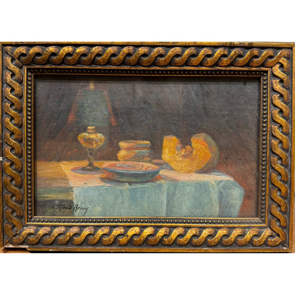 Alfred Remy (xix-xx) - Nature Morte à La Lampe, l'Assiette à Soupe Et Au Potimaron, Circa 1890