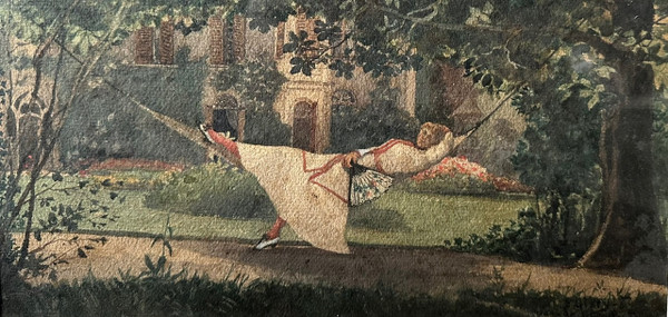 Acquerello di Paul Givry, "Donna in amaca", fine XIX secolo