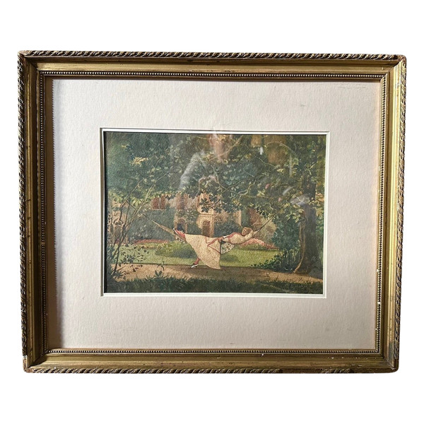 Acquerello di Paul Givry, "Donna in amaca", fine XIX secolo