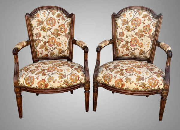 PAIRE DE FAUTEUILS XVIIIe ÉPOQUE LOUIS XVI CABRIOLET A DOSSIER BÊCHE TAPISSÉS