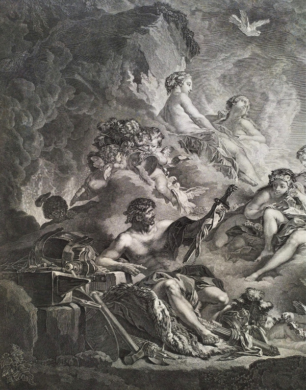 Mythological Etching Vulcan  Venus Engraving After Boucher 18th c Old Print
