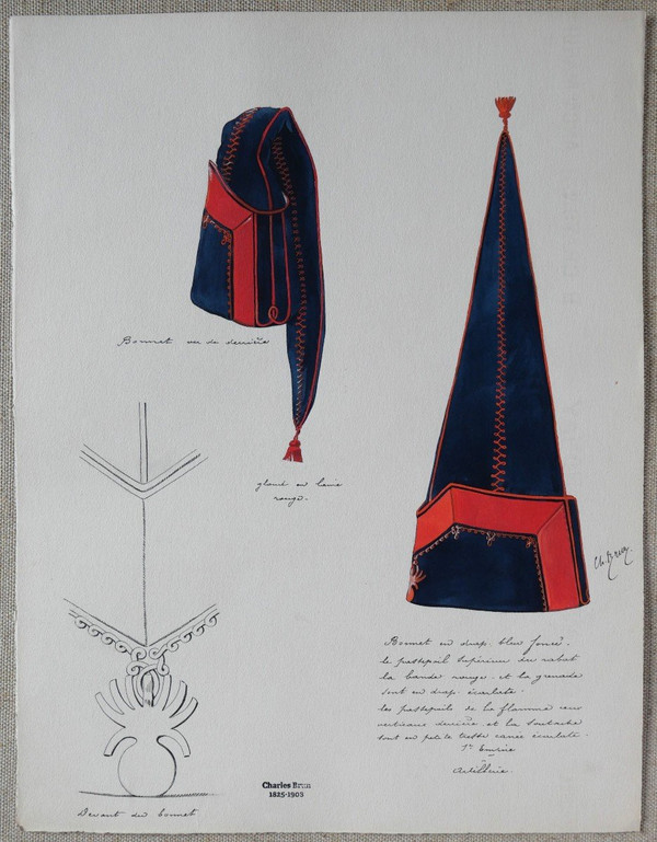 Charles BRUN 1825-1908 1st Empire artilleryman's uniform cap, drawing, Napoleon