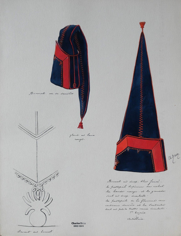 Charles BRUN 1825-1908 1st Empire artilleryman's uniform cap, drawing, Napoleon
