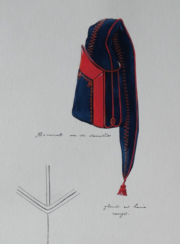 Charles BRUN 1825-1908 1st Empire artilleryman's uniform cap, drawing, Napoleon