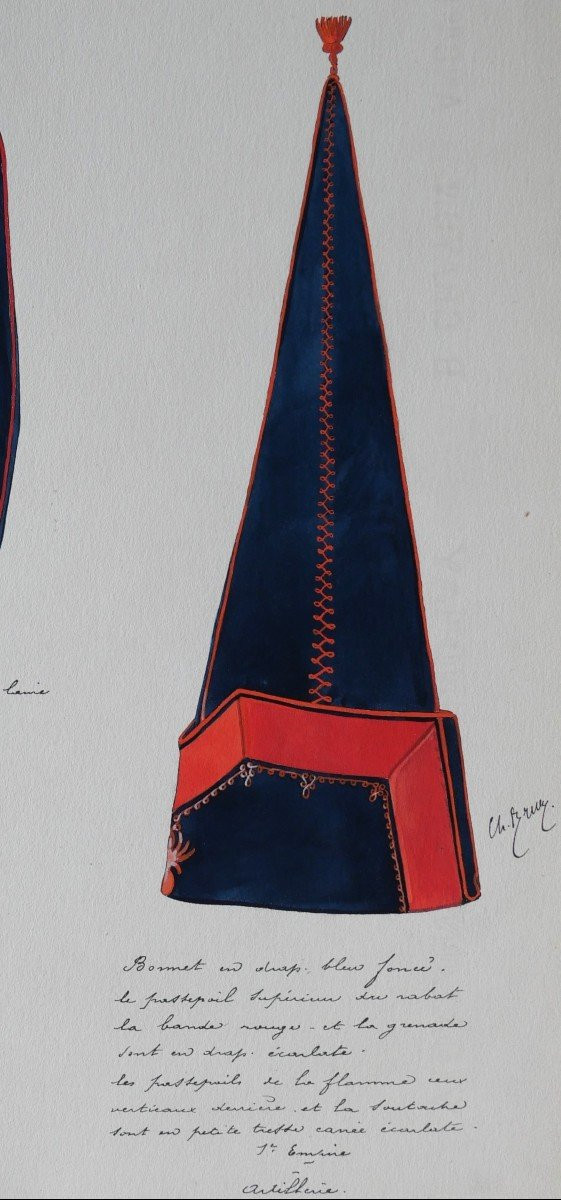 Charles BRUN 1825-1908 1st Empire artilleryman's uniform cap, drawing, Napoleon