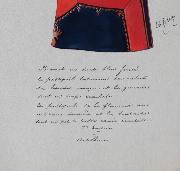 Charles BRUN 1825-1908 1st Empire artilleryman's uniform cap, drawing, Napoleon
