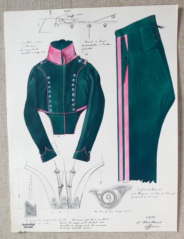 Charles BRUN 1825-1908 Uniforme d'officier du 9e Chasseurs, 1812, drawing, Napoleon, Empire