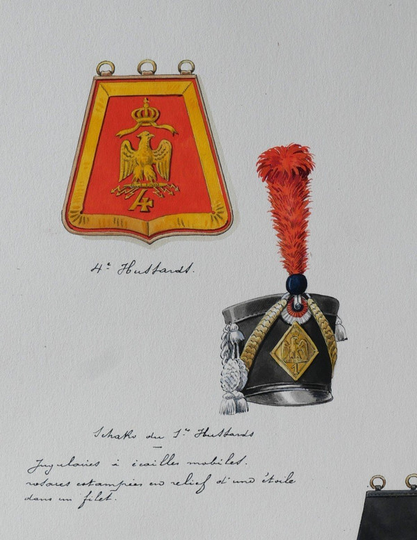 Charles BRUN 1825-1908 1st Empire Hussar sabretache and shako, drawing, Napoleon