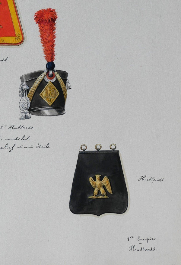 Charles BRUN 1825-1908 1st Empire Hussar sabretache and shako, drawing, Napoleon