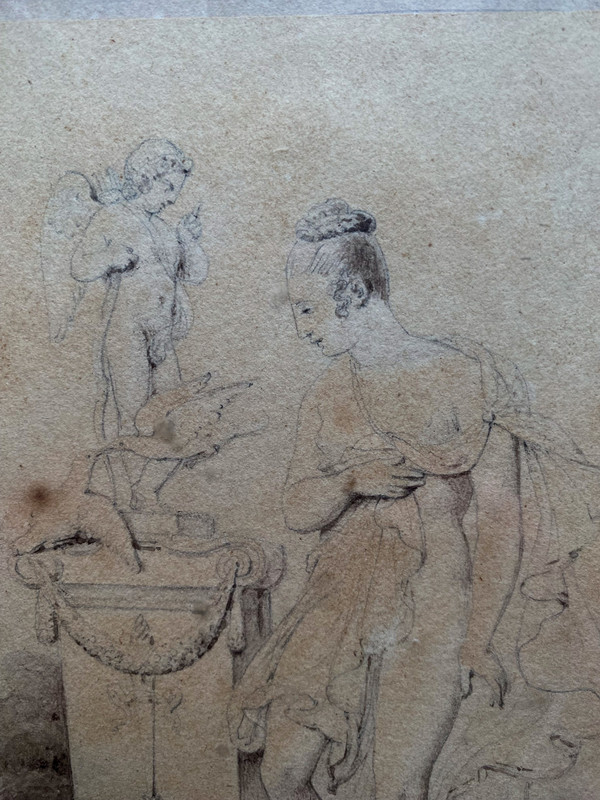 Dessin néo classique au lavis d'une femme dénudée de Nicolas Gosse dans son cadre Restauratio