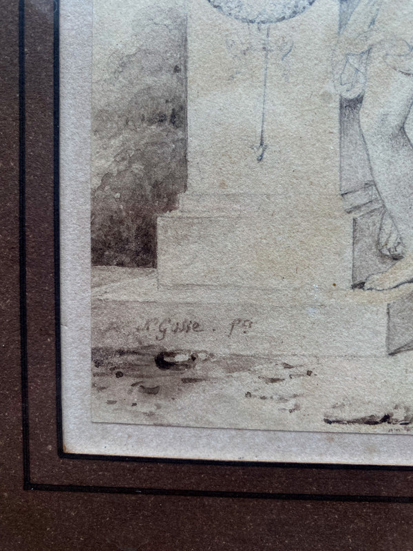 Dessin néo classique au lavis d'une femme dénudée de Nicolas Gosse dans son cadre Restauratio