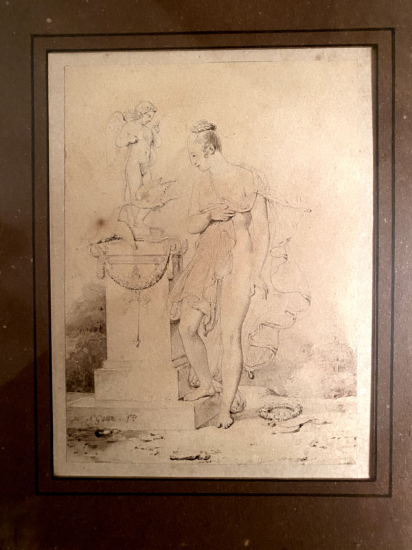 Dessin néo classique au lavis d'une femme dénudée de Nicolas Gosse dans son cadre Restauratio