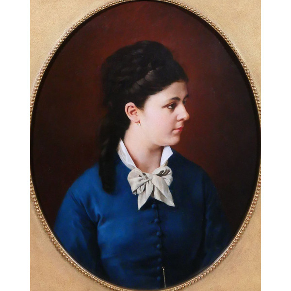 Ecole Française vers 1870, Portrait de femme à la robe bleue, tableau