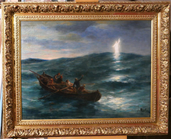 Antoine MORLON 1834-1913 Cristo Salvatore, dipinto, Salon, 1887, barca, mare, religione