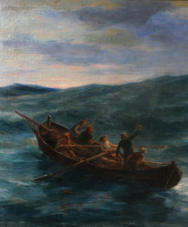 Antoine MORLON 1834-1913 Cristo Salvatore, dipinto, Salon, 1887, barca, mare, religione
