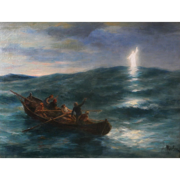 Antoine MORLON 1834-1913 Cristo Salvatore, dipinto, Salon, 1887, barca, mare, religione