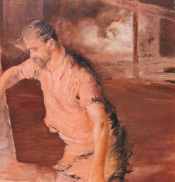 Lucien JONAS (attribué à), 1880-1947, Ouvrier dans un haut-fourneau, tableau, vers 1900