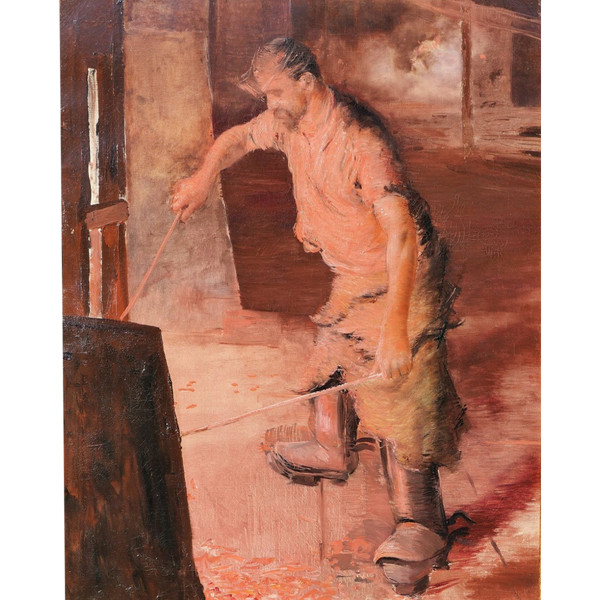 Lucien JONAS (attribué à), 1880-1947, Ouvrier dans un haut-fourneau, tableau, vers 1900