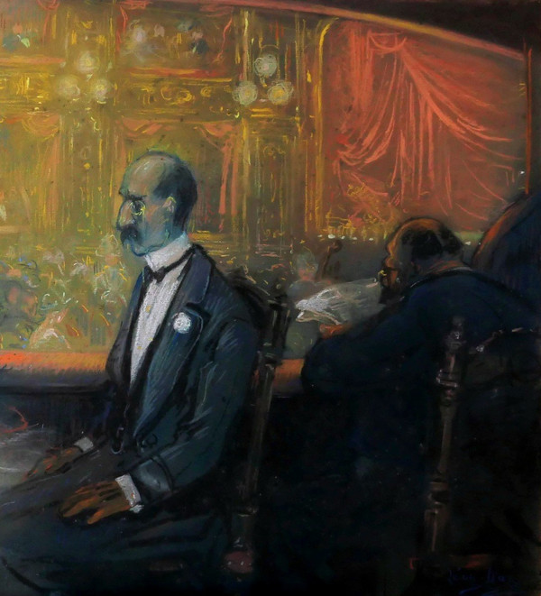 Léon DAX (19th-20th century) In the boxes at the opera, large pastel, circa 1890-95
