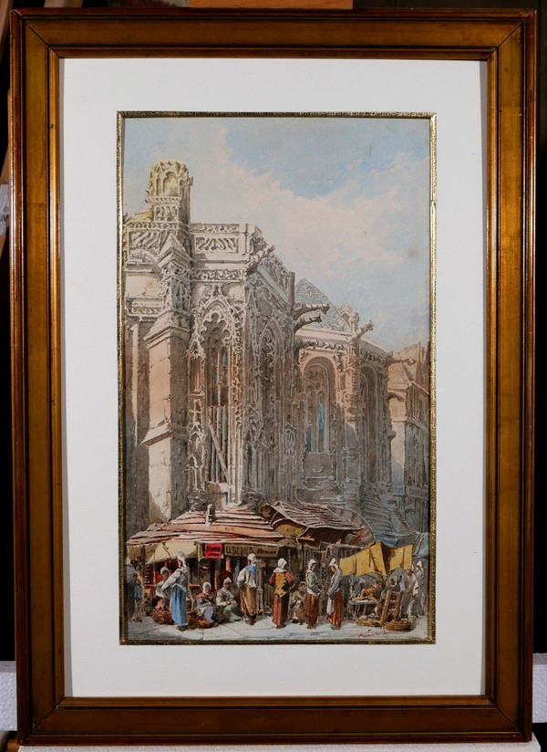 A. CARDINAL, XIXe, Caen, le marché, dessin, circa 1880