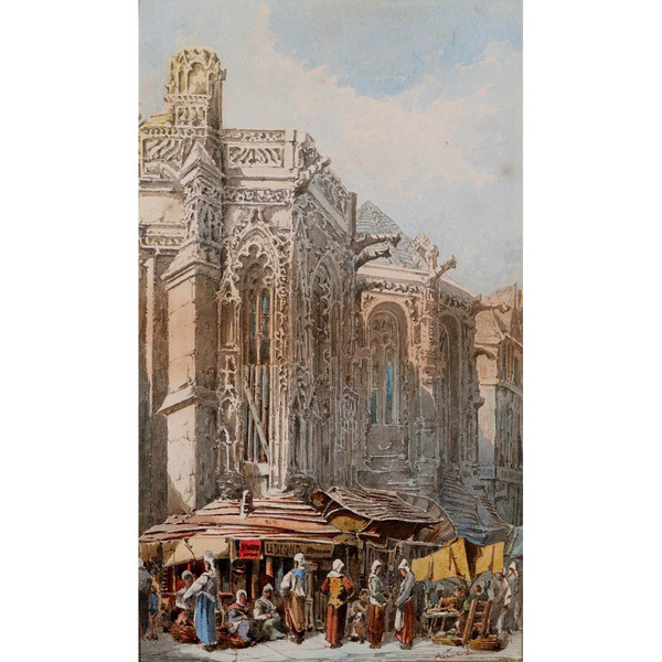 A. CARDINAL, XIXe, Caen, le marché, dessin, circa 1880