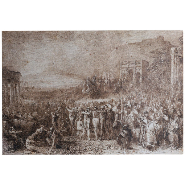 Joseph NAVLET (1821-1889) Scène de triomphe militaire avec volcan en éruption, dessin